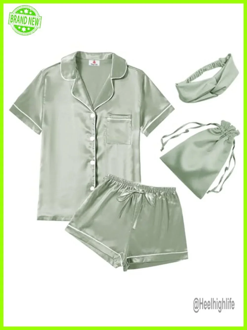 Silk Satin Pajama Set with Headband and Pouch Bag - Short Sleeve, Button Front,